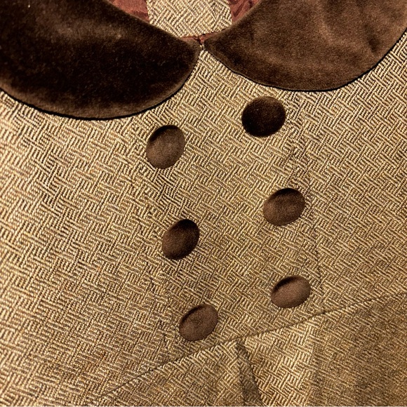 Petite Trousseau custom brown tweed and velveteen dress covered button detail